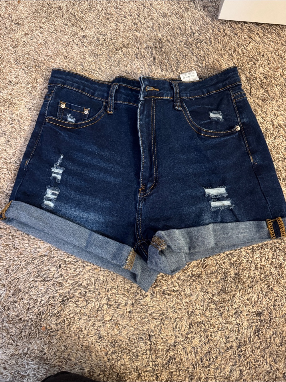 Dark Blue Distressed High-Waist Denim Shorts